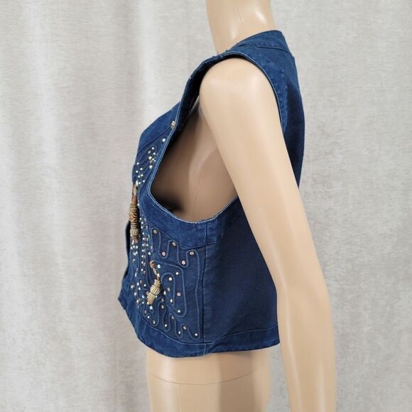 Monique Fashions Denim Jean Boho Vintage Studded Beaded Fringe Vest Western - Picture 6 of 10